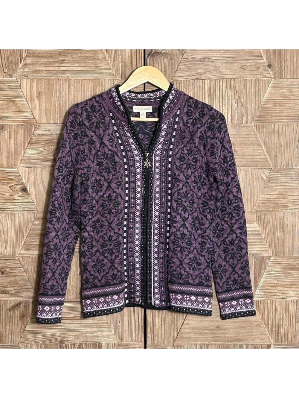 Appleseed's Womens Purple Nordic/Fair Isle Zip Up Sweater Size XS Cabincore